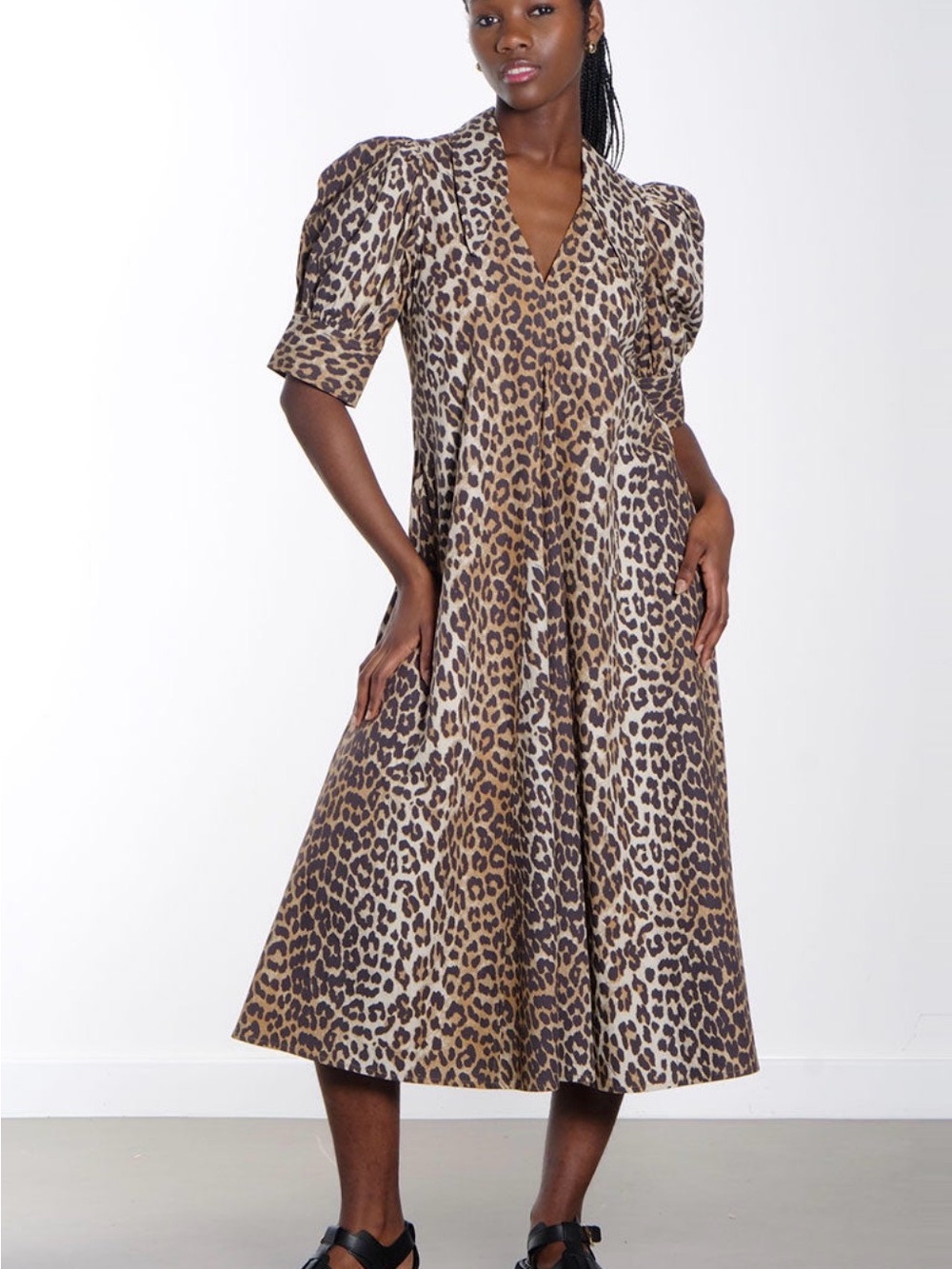 Reach): GANNI Leopard Cotton Poplin V-Neck Maxi Dress Size 34 US 2 Puff Sleeve